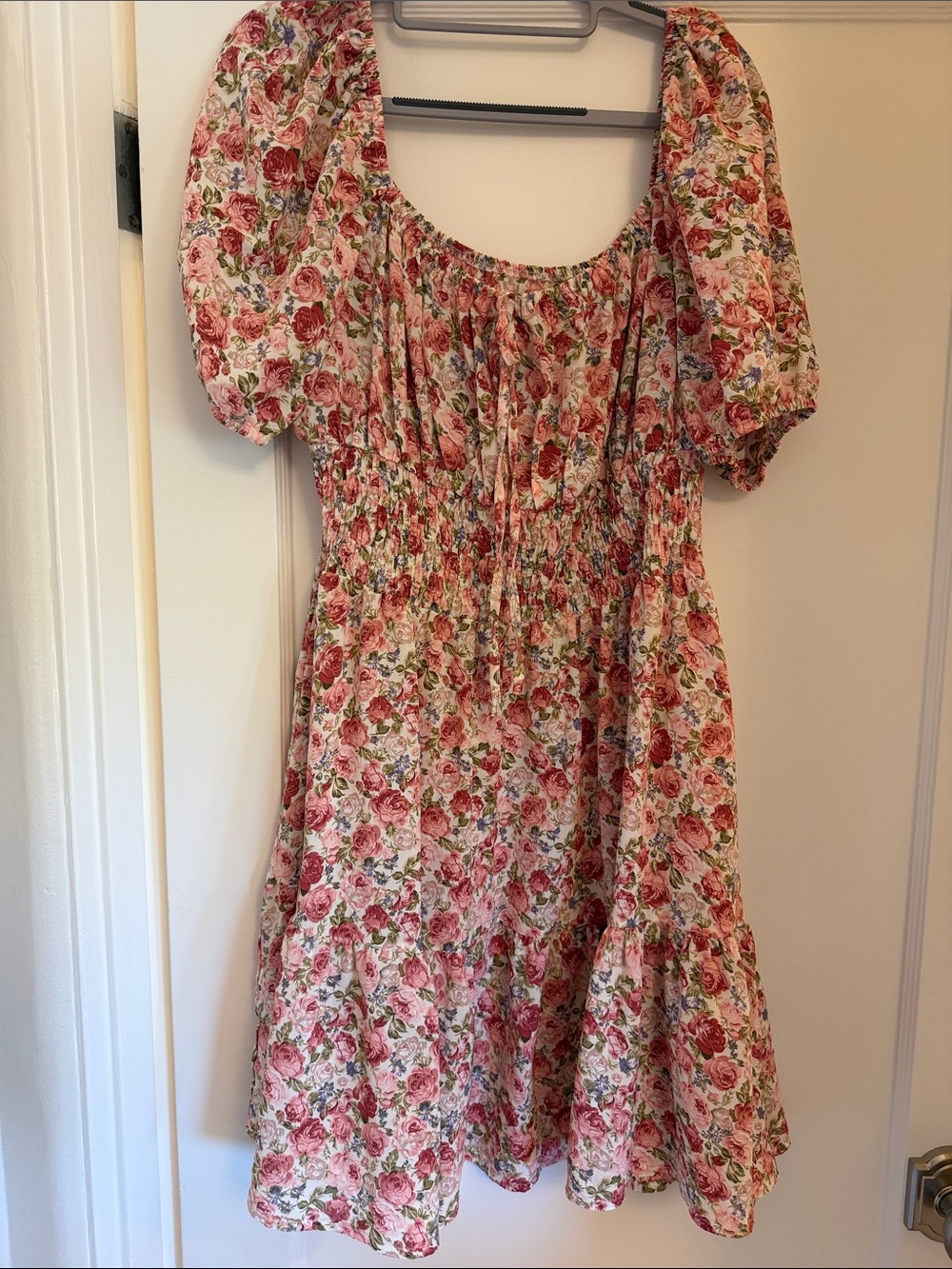 Pink & Green Floral Peasant Boho Dress Smocked Waist